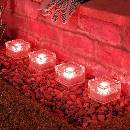 2 Pack Solar Path Ice Cube Lights Outdoor, Waterproof Garden Glass Path Light Solar Ice Light Crystal Brick Landscape Light (Red)