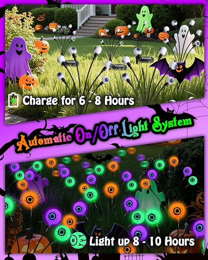Solar Halloween Eyeball Lights Outdoor, 8Pack 48LED Purple Orange and Green Waterproof Eyeball Swaying Firefly Lights, Solar Halloween Pathway Light for Garden,Yard, Party, Halloween Decorations
