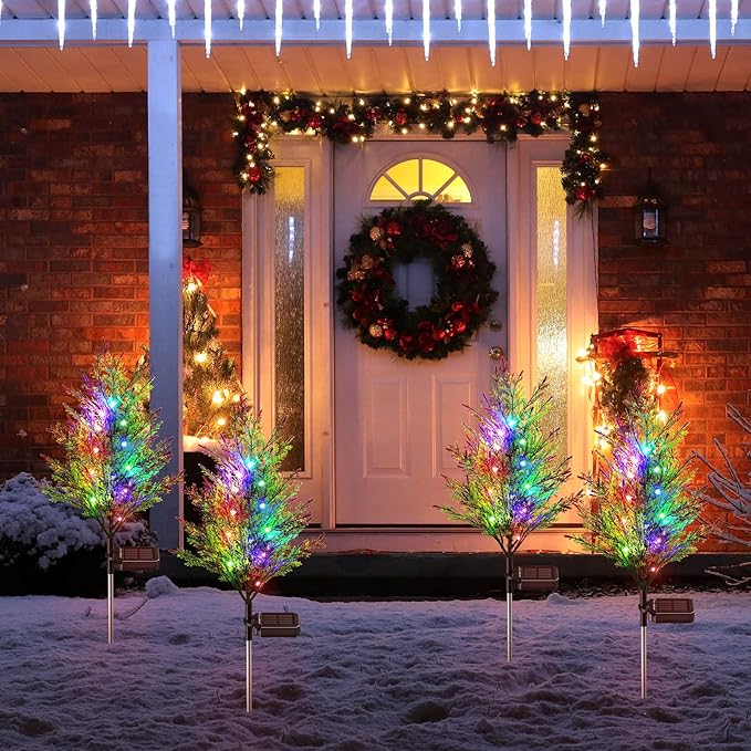 Solar Christmas Decorations Outdoor, 4 Pack Solar Garden Tree Lights with 2 Modes and 12 Lamp Beads, Multi-Color Waterproof Holiday Lights for Yard, Lawn and Pathway Decorations