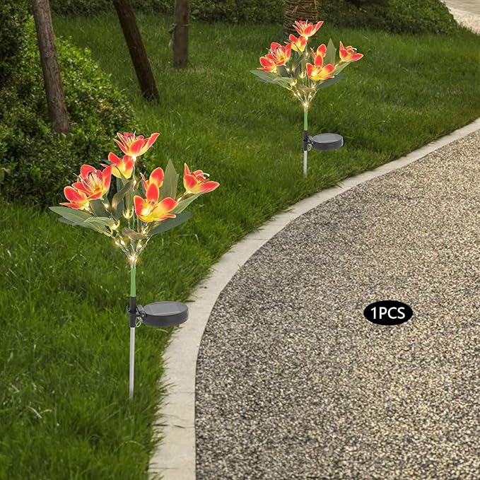 7-Head Solar Swaying Orchid Light, Orange Outdoor Solar Garden Light with 42 Warm LEDs, IP44 Waterproof, 8-10H Auto Lighting, No Wiring Needed for Yard Pathway Patio Decoration