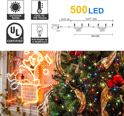 weillsnow 500 LED Multicolor Outdoor Christmas Lights, 164Ft Plug in Waterproof String Lights, 8 Modes with Memory for Outdoor Indoor Garden Halloween Christmas Decorations (Multicolor)