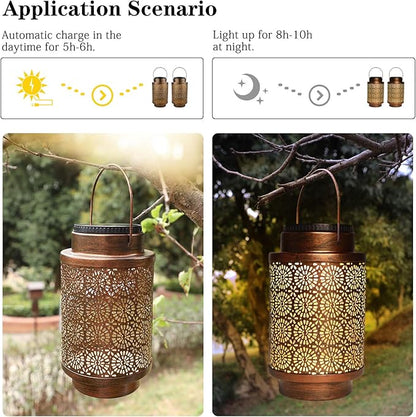 2 Pack Solar Lanterns, Outdoor Waterproof Hanging Led Lanterns, Metal Decorative Garden Lights, Solar Outdoor Lights Decor for Table Patio Yard Pathway, Bronze