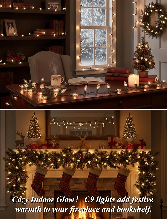 C9 Clear Christmas String Lights 25Ft C9 Outdoor Lights String with 26 Clear Bulbs, Hanging Christmas Roofline Light Patio Lights for Outdoor Decor 7 Watt C9/E17 Intermediate Base-Green Wire