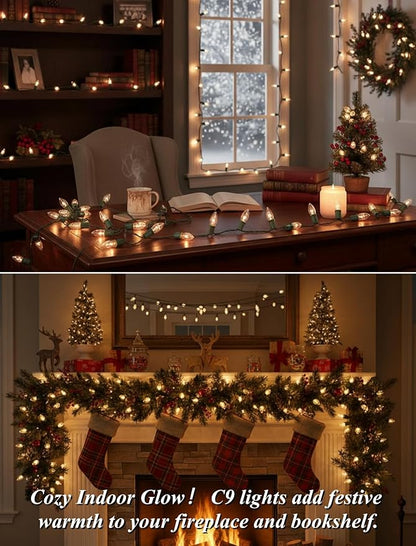 C9 Clear Christmas String Lights 25Ft C9 Outdoor Lights String with 26 Clear Bulbs, Hanging Christmas Roofline Light Patio Lights for Outdoor Decor 7 Watt C9/E17 Intermediate Base-Green Wire