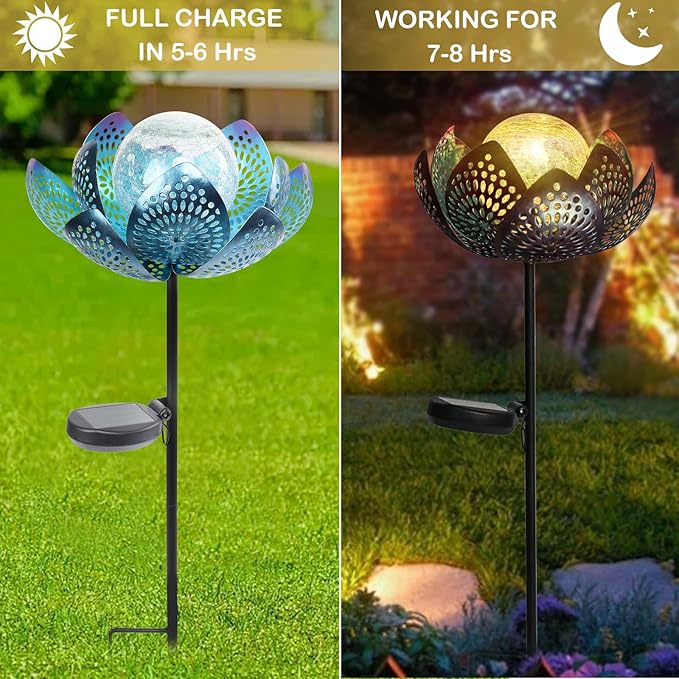 Afirst Solar Lights Outdoor, Garden Lotus Stake Lights Waterproof Decorative Pathway Light Metal Crackle Glass Solar Light Landscape for Garden,Patio,Lawn,Walkway,Tabletop,Pathway,Yard Decor, Blue