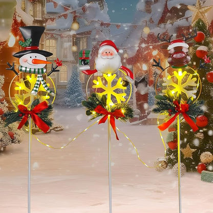 Christmas Yard Stakes Solar with Metal Santa, Snowman & Reindeer Set of 3, Christmas Grave Decorations with Solar String Lights for Outdoor Cemetery, Garden, Pathway, Porch