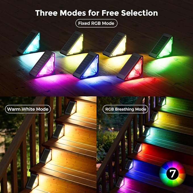 Solar Step Lights for Outside, 6 Pack Stair Lights Outdoor Waterproof with RGB & Warm White Mode, Auto ON/Off LED Step Lights Outdoor Solar Powered for Step Stair Patio Yard Porch Frontdoor