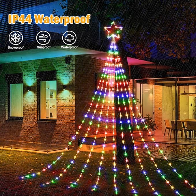 Christmas Decorations Star String Lights - 344 LED Waterfall Tree Lights with 11" Topper Iron Star Christmas Lights Indoor Outdoor Decorative for Wedding Party Home Holiday Decoration, Muitlcolor