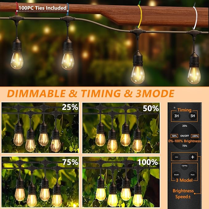 100FT LED Outdoor String Lights with 60+4 Waterproof Bulbs(1.5FT Bulbs Spacing), Remote & Dimmer, Commercial Grade | Lumora