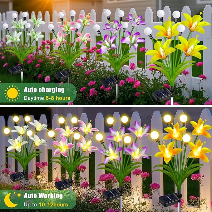Solar Lights Outdoor Flowers Garden Decor,Firefly Lights with 4 Color Wild Lily Light, Solar Flowers Outdoor Waterproof for Patio Yard Gifts for Women Mom