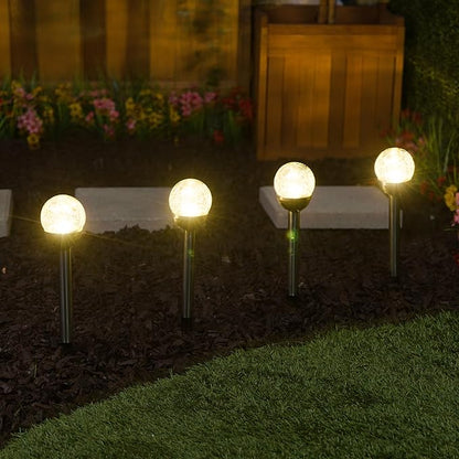 Alpine Corporation 15" H Outdoor Solar Glass Ball Pathway Lights with Color Changing LEDs, Silver - Set of 4