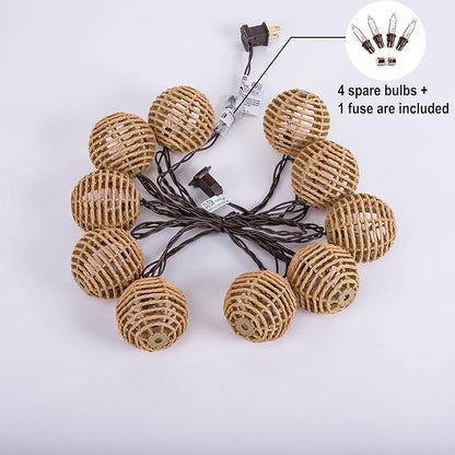 Decorative String Lights Plug in with 10 Incandescent Bulbs, Natural Rattan Globe Boho Lantern String Lights Connectable Weatherproof Outdoor Indoor for Bedroom Patio Pergola Decor