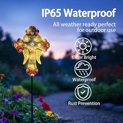 Solar Cross Lights with Angel Wings, Pink and Gold Floral Design, Memorial Garden Stake, Warm White LED, Weather Resistant, 36 Inch