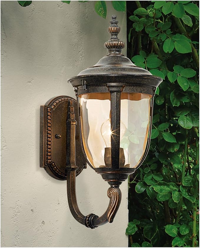 John Timberland Bellagio European Outdoor Carriage Light Fixture Vintage Bronze Curved Arm Hammered Glass Sconce for Exterior House Porch Patio Outside Deck Garage Yard Front Door Garden Home