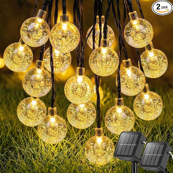 Metaku 2 Pack Solar String Lights for Outside, Total 72FT 120 LED Crystal Globe String Lights, Solar Powered | Lumora