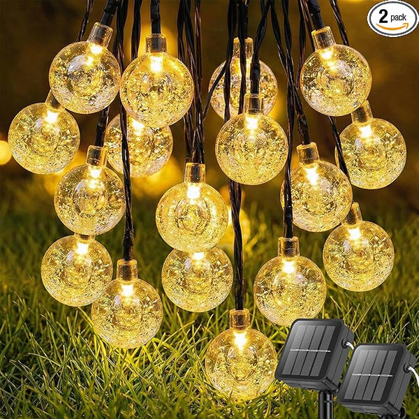 Metaku 2 Pack Solar String Lights for Outside, Total 72FT 120 LED Crystal Globe String Lights, Solar Powered | Lumora