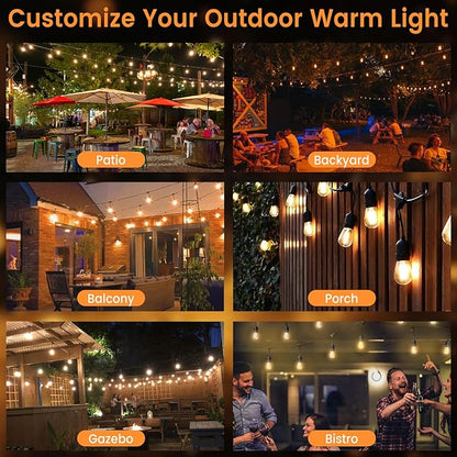 48ft Outdoor String Lights with Remote & Dimmer,24+2 Commercial Grade IP65 Waterproof Bulbs, 2700K Warm White,3 Lighting Modes & Timer,Includes 30 Cable Ties for Patio,Garden, Party