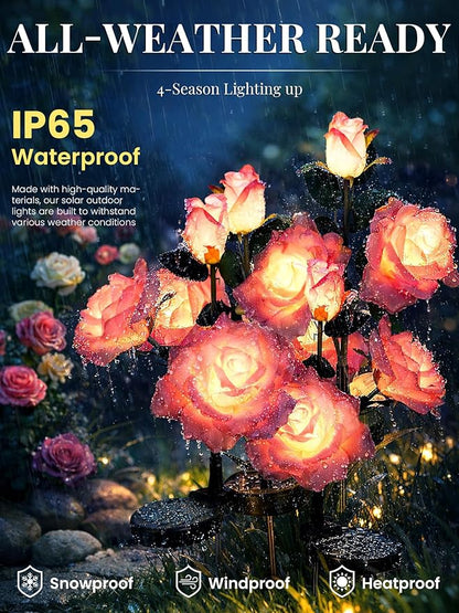 GIGALUMI Solar Lights Outdoor for Garden Decor, 3 Pack Solar Flower Lights Waterproof, 2 Lighting Modes 9 Rose Flowers for Pathway,Yard, Patio Decoration, Gardening Gifts for Women (Pink)