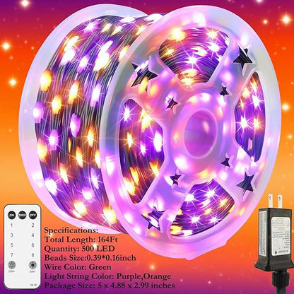 Tcamp 164FT 500 LED Orange Purple Halloween Lights outdoor Indoor, 8 Modes Christmas Tree Lights with Remote Timer Memory, Green Wire Starry Fairy String Light for Halloween decorations(Purple Orange)