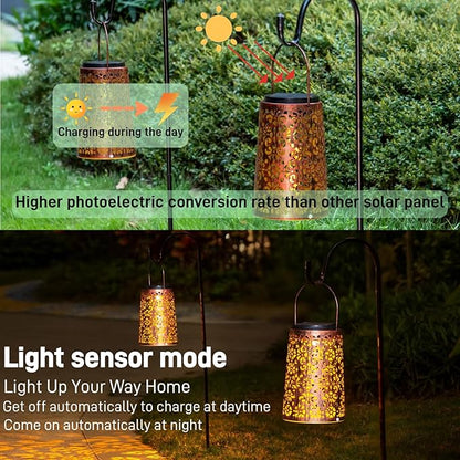 Solar Lanterns Outdoor Hanging, 2 Pack - Metal Waterproof Solar Lights Outdoor Decorations for Patio Table Lamps, Durable, Beautiful Lighting for Garden Lawn, Pathway, Tree, Wall, and Tabletop