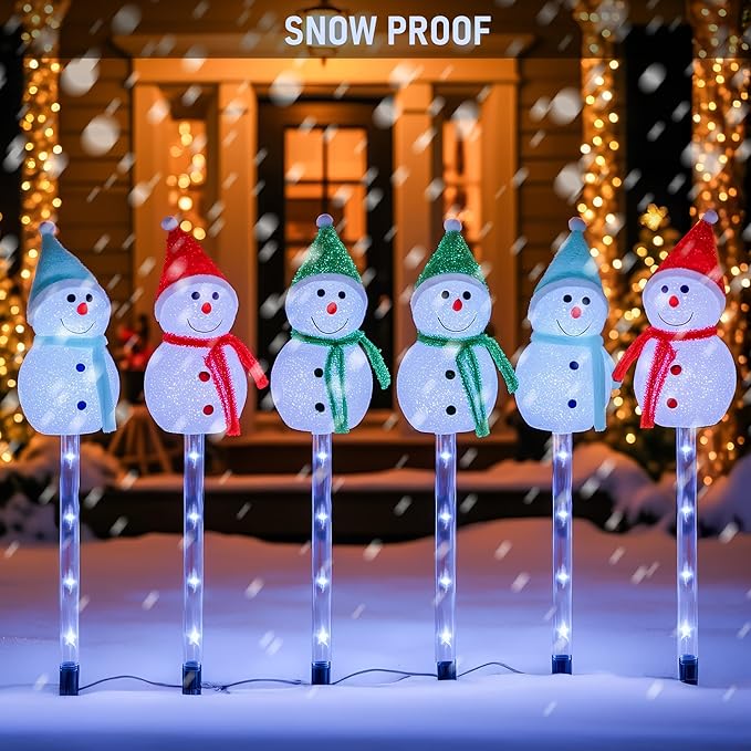 Dazzle Bright Solar Christmas Pathway Lights Outdoor, 6 Pack White LED Snowman Stake Lights Christmas Decorations, Waterproof Solar Walkway Landscape Light for Xmas Patio Yard Garden Porch