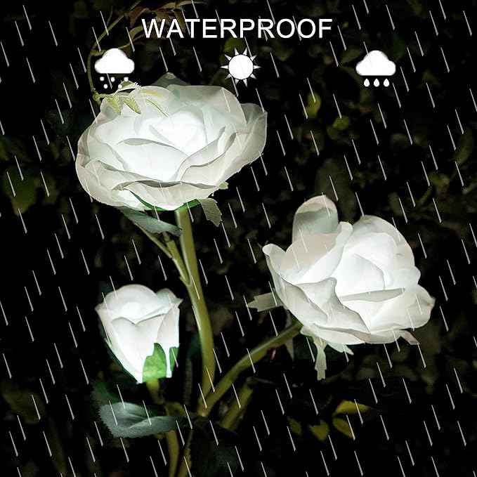 Solar Rose Garden Lights, 2 Pack Realistic Solar Flower Lights, Waterproof LED Decorative Stake Landscape Lights for Patio Pathway Grave Cemetery Outdoor Decor (White)