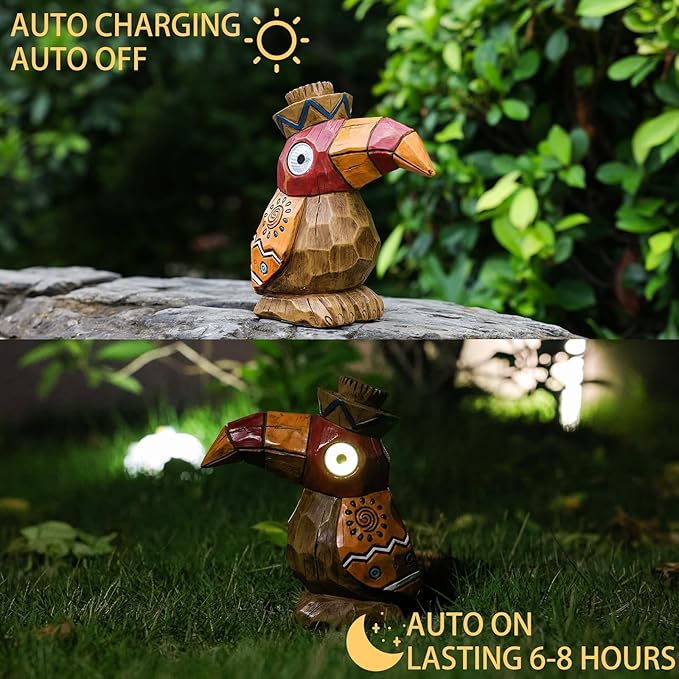 Solar Tiki Statue-WoodWoodpecker Bird-Garden Hawaiian - Solar Outdoor Light Garden Sculptures & Statues Totem Pole | Lumora