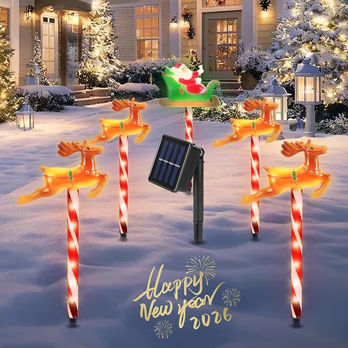 Christmas Pathway Lights Outdoor, 5 Pack Lighted Reindeer Stake Lights with 8 Lighting Modes, IP44 Waterproof Solar LED Christmas Yard Light for Garden Lawn Porch Front Door Patio Holiday Decor