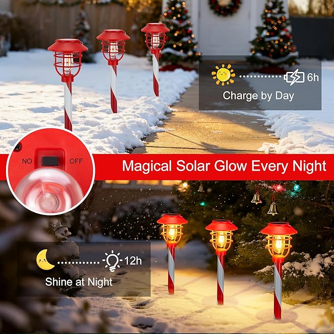 6 Pack Solar Pathway Lights Outdoor Christmas Decorations, Waterproof Candy Cane Christmas Pathway Lights for Yard, Walkway, Driveway, Garden Decor, Solar Powered Outdoor Lights for Xmas Gifts