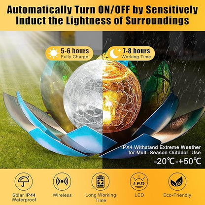 VIHOSE 4 Pcs Lotus Solar Light Outdoor LED Waterproof Art Globe Glass Decoration Outdoor Table Decor Garden Gifts Decorative Crackle Globe Glass Metal Lotus Flower for Patio Lawn (Blue)