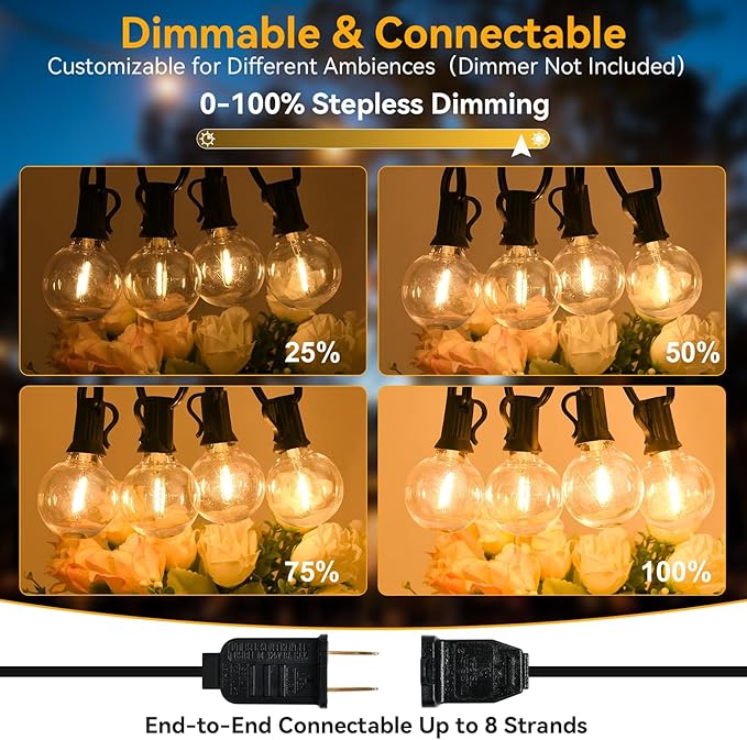 100ft Outdoor String Lights Waterproof/Connectable/Dimmable with 62 LED Shatterproof Bulbs UL Listed, G40 Globe | Lumora