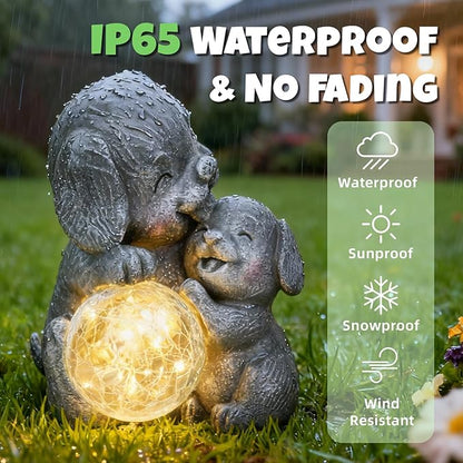 Solar Garden Statue Light, 8inch Outdoor Puppy Figurine with Solar Light for Patio, Lawn, Yard, Housewarming Birthday Gifts for Dad, Mom, Grandma,Women (Grey Dog)