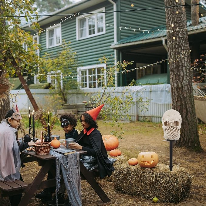 Sosoport Halloween Solar Skull Garden Stake Light Outdoor Yard Solar Path Lighting Halloween Decorations for Lawn Patio, Solar-Powered Outdoor Skull Lamp