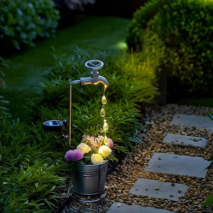 Solar Water Faucet Bucket Lights Outdoor Garden Decor, Waterproof Vintage Decorations with LED Light for Yard Lawn Patio Pathway