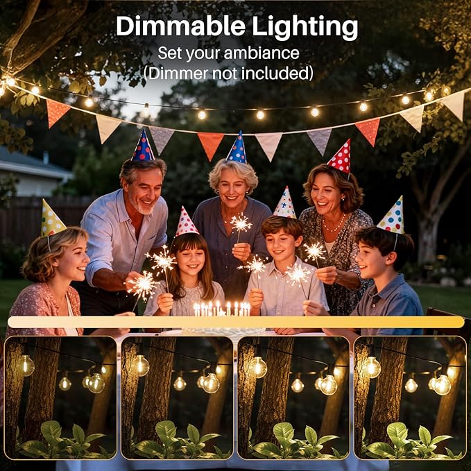 50 FT Outdoor String Lights G40 Globe Shatterproof Patio Lights,26 Plastic Edison Bulbs(2 Spare) IP65 Waterproof Dimmable LED Bulbs for Backyard Porch Balcony Party Decor, E12 Base, 2700K