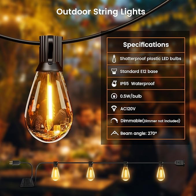 Outdoor String Lights, 25FT Patio Lights with 13 Shatterproof S11 Bulbs (1 Spare), IP65 Waterproof & Connectable, 2200K Warm White LED Hanging Lights for Cafe, Garden, Porch, Party Decor