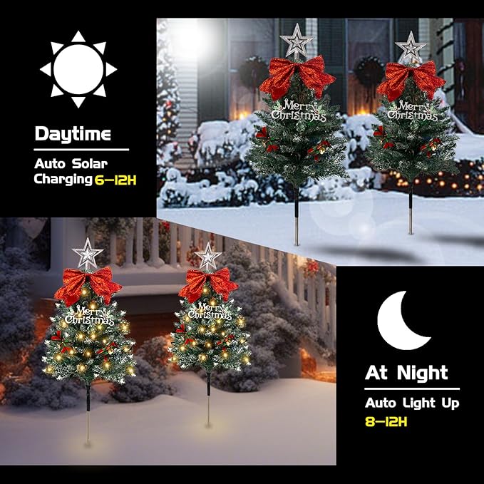 4 Pack Christmas Tree Solar Pathway Lights Outdoor Decorations, Waterproof Artificial Mini Xmas Tree Stake Lights with DIY Ornamets for Garden Yard Porch Decor (Snowy Tree)