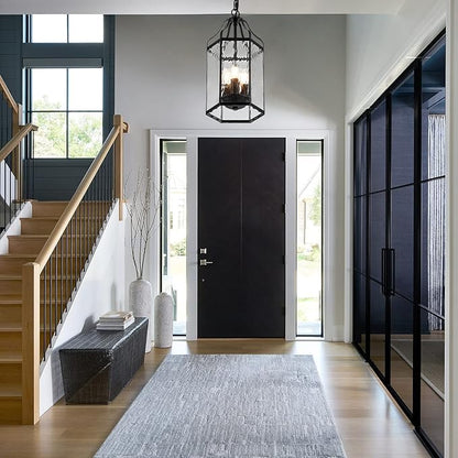 8" Modern 3-Light Exterior Black Lantern Pendant Light Fixture with Clear Rippled Glass Mini Industrial Hanging Cage Chandelier for Outdoor Kitchen Dining Room Hallway Entryway Foyer Porch