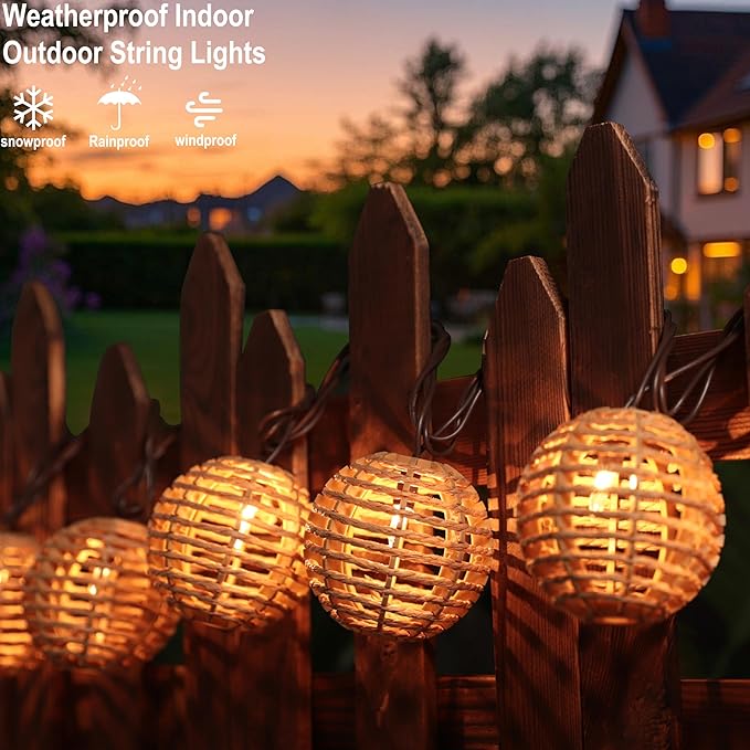 Decorative String Lights Plug in with 10 Incandescent Bulbs, Natural Rattan Globe Boho Lantern String Lights Connectable Weatherproof Outdoor Indoor for Bedroom Patio Pergola Decor