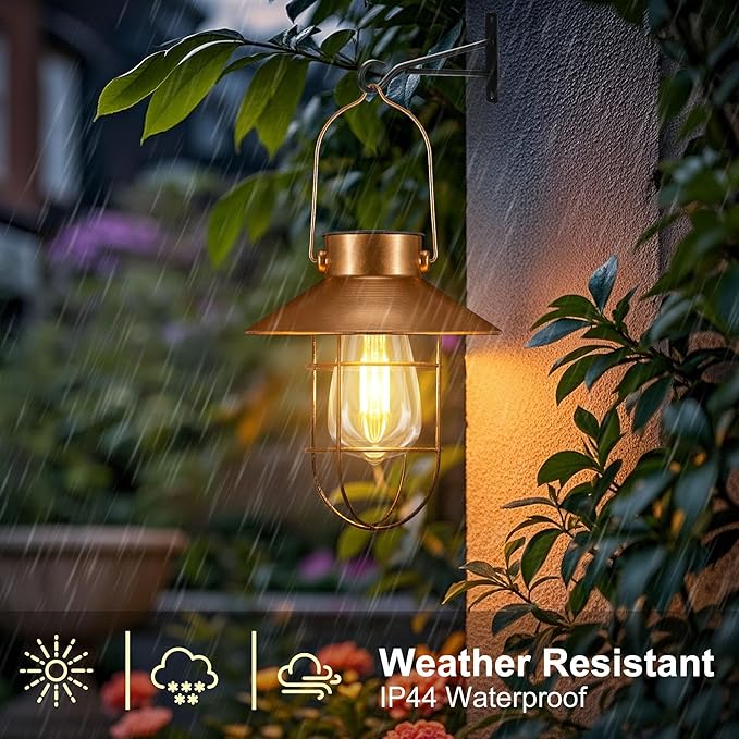 pearlstar 2 Pack Solar Lights Outdoor, Hanging Solar Lanterns with Edison Bulb and 2 x 32 Inch Shepherd Hooks | Lumora