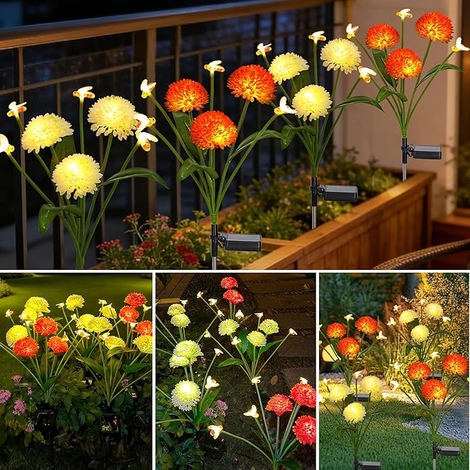 Solar Garden Lights Outdoor Waterproof 2 Packs Solar Swaying Bee Lights with Fake Flowers Fairy Lights Outdoor Patio Yard Pathway Decoration Ideal Gifts for Women Mother's Day