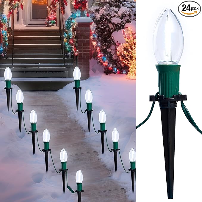 Joiedomi Christmas C9 Pathway Lights Outdoor Decorations 24 Packs, 30.75ft Xmas White Pathway Marker String Lights for Holiday Waterproof Outside Yard Garden, Party, Walkway Decor