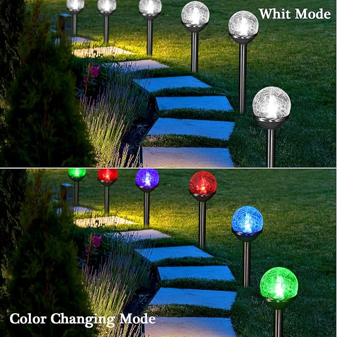 Honoson 6 Pieces Crackle Glass Solar Lights LED Color Changing Outdoor Lawn Lights for Garden Decor Patio Pathway Lawn Yard Landscape