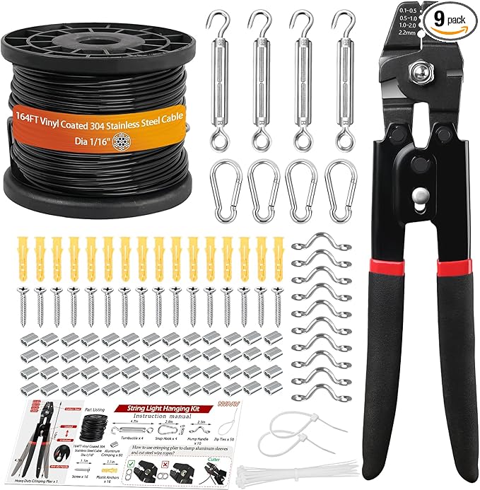 String Light Hanging Kit, 164 FT Vinyl-Coated 304 Stainless Steel Cable, Heavy Duty Crimping Plier, Guide Wire for | Lumora