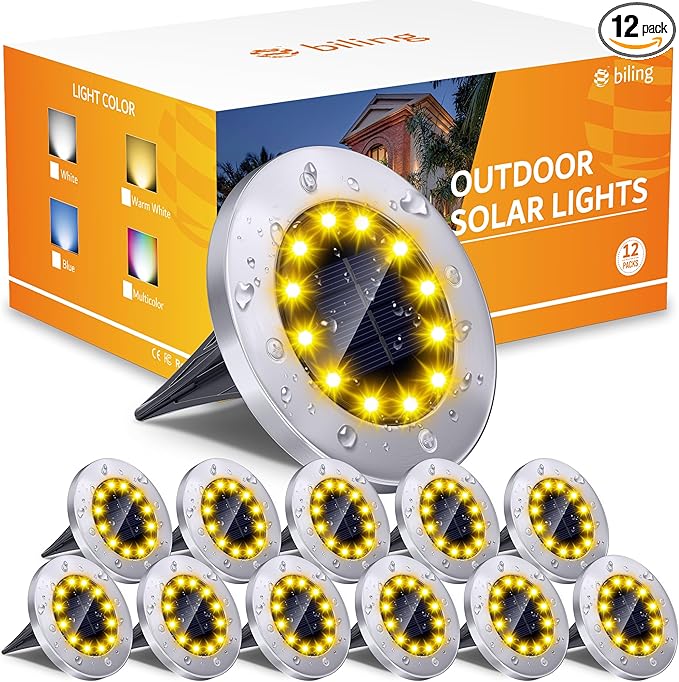 Biling Solar Ground Lights Outdoor 12 Packs, Bright 12 LEDs Solar Lights Outdoor Waterproof for Yard Walkway Garden | Lumora