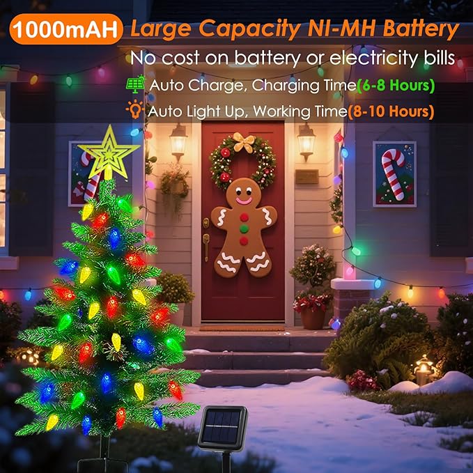 4FT Solar Christmas Tree Christmas Decorations Outdoor, 250 Branch Small Xmas Tree with 100 LED C6 Lights, Waterproof Solar Christmas Lights for Porch, Pathway, Yard, Cemetery, 1 Pack