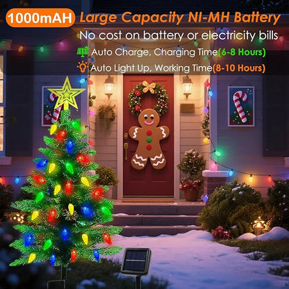 4FT Solar Christmas Tree Christmas Decorations Outdoor, 250 Branch Small Xmas Tree with 100 LED C6 Lights, Waterproof Solar Christmas Lights for Porch, Pathway, Yard, Cemetery, 1 Pack