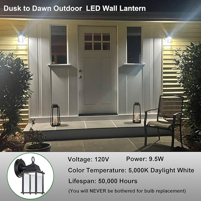 LIT-PaTH Dusk to Dawn Outdoor Wall Lantern, LED Wall Sconce, 5000K Daylight White, 9.5W, 800 Lumen, Aluminum Housing Plus Glass, Outdoor Rated, 2-Pack, Black