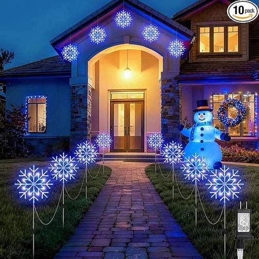 Brightown Large Snowflake Pathway Lights,10-Pack 34" Outdoor Snowflake Christmas Lights Decor for Yard, 8 Modes Sidewalk Marker Stake for Driveway Walkway, IP44 Waterproof,Blue and White