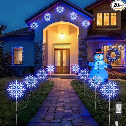 Brightown Large Snowflake Pathway Lights,Total 20-Pack 34" Outdoor Snowflake Christmas Lights Decor for Yard, 8 Modes Sidewalk Marker Stake for Driveway Walkway, IP44 Waterproof, Blue and White